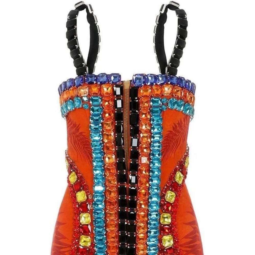Hand Made Split Mesh Square Neck Crystal Embellished Dress - Picture 4 of 9